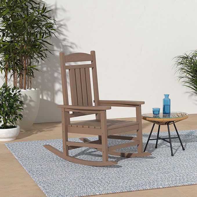 KINGYES Outdoor Rocking Chair Set of 2, High Density Polyethylene Patio Rocking Chairs with 330lbs Support for Adults, Brown