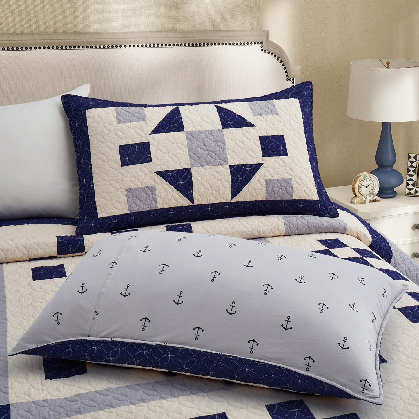 HUANXULISI California King Quilt, Navy Blue Grey, 118x102 Inch