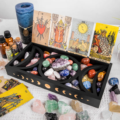 Mooncraftlogy Crystal Tray for Stones, Triple Moon Gemstone Holder Box, 3 Tarot Card Stand for Affirmation Cards, Wicca Display, Detachable Rocks, Essential Oil Organizer, Witch Altar Gift (Black)