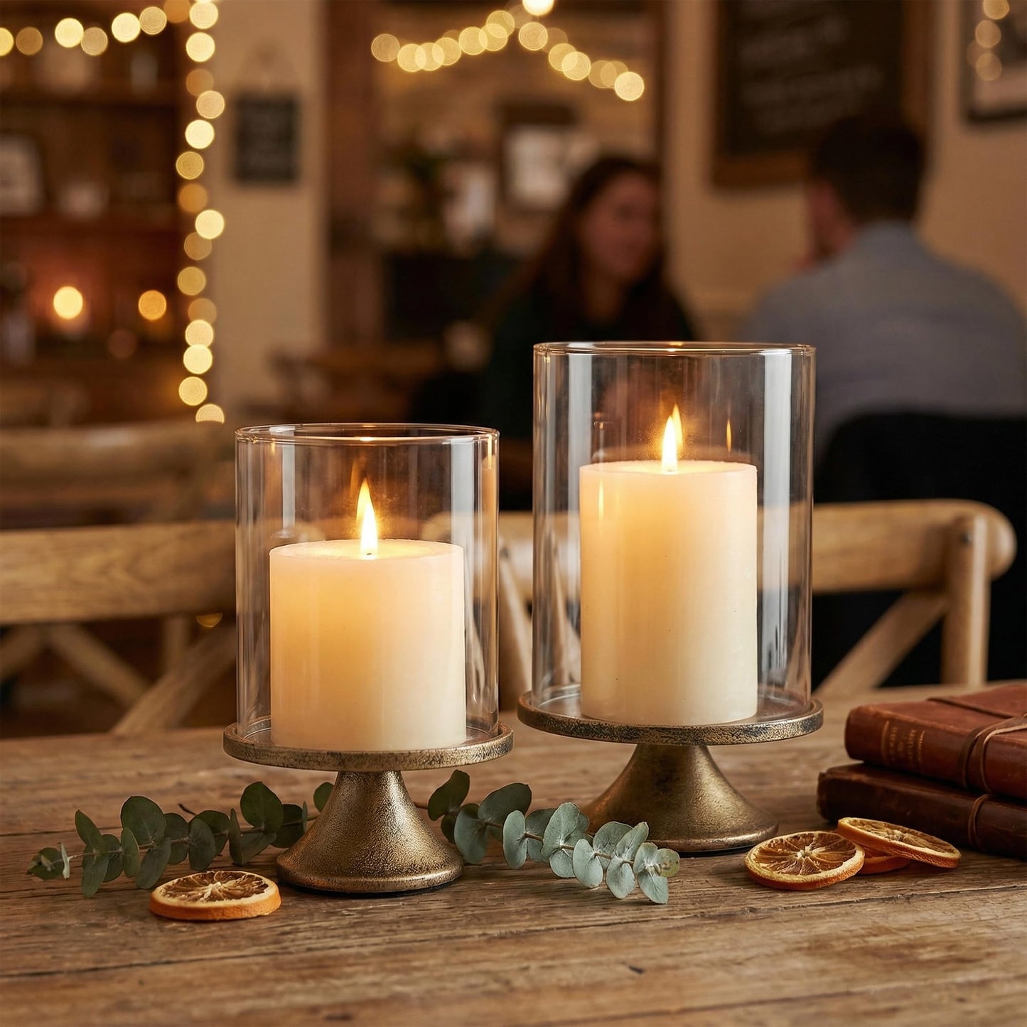 SUJUN Set of 2 Hurricane Candle Holder Set with Glass Dome & Iron Base – Elegant Decorative Pillar Candle Holders for Living Room, Dining Room & Bedroom Centerpiece - Ideal Home Décor