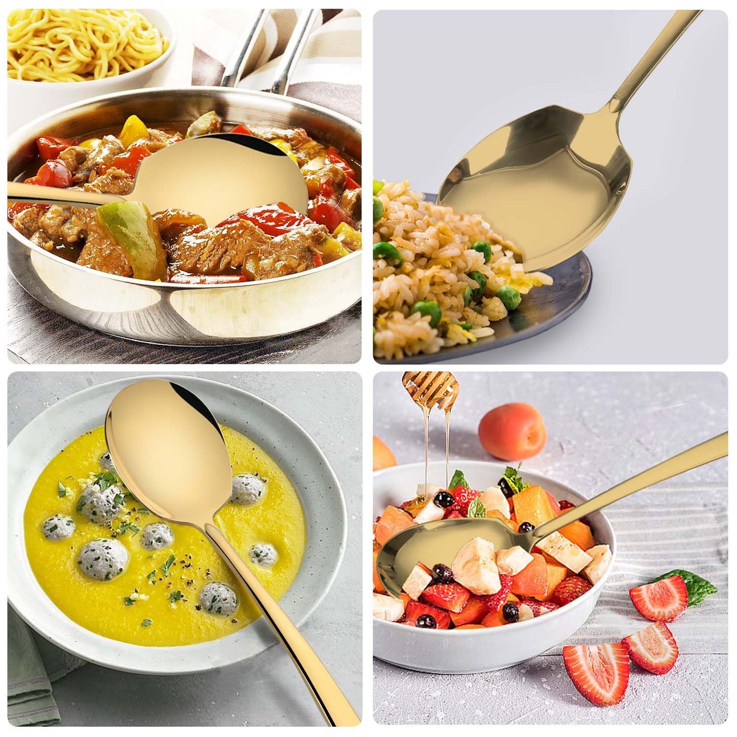 Large Serving Spoons Set Stainless Steel 12 Inch Slotted Spoon and Serving Spoon Serving Utensils for Buffet Catering Dishwasher Safe(1 Spoons, 1 Slotted,Gold)