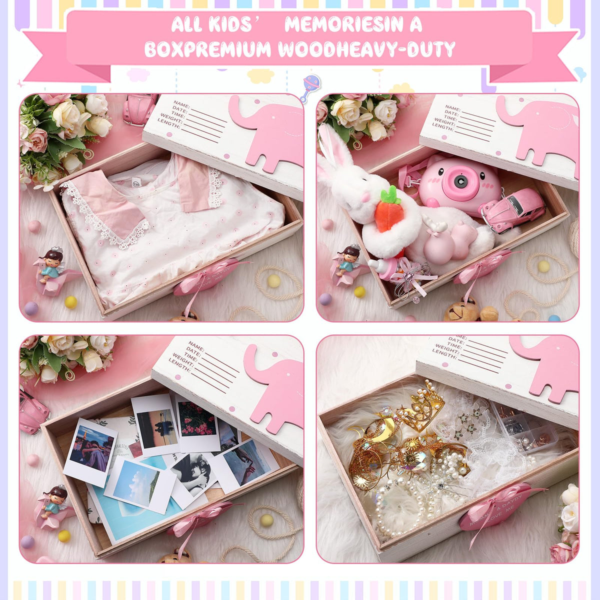 Soaoo 3D Wooden Baby Boys Memories Keepsake Box Baby Girls Elephant First Keepsake Box New Parent Newborn Baptismal Birthday Gift for Mementos 11.81'' x 7.87'' x 3.94''(Pink)