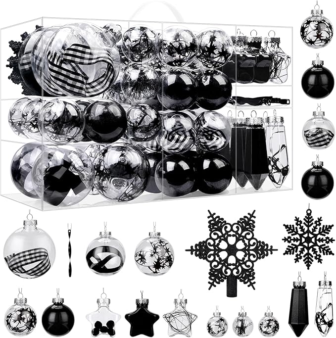 SHareconn 86PCS Christmas Tree Decorations Ornaments Ball Set, Non Breakable Plastic Clear Baubles for Xmas Tree Decor Holiday Wedding Party, Black