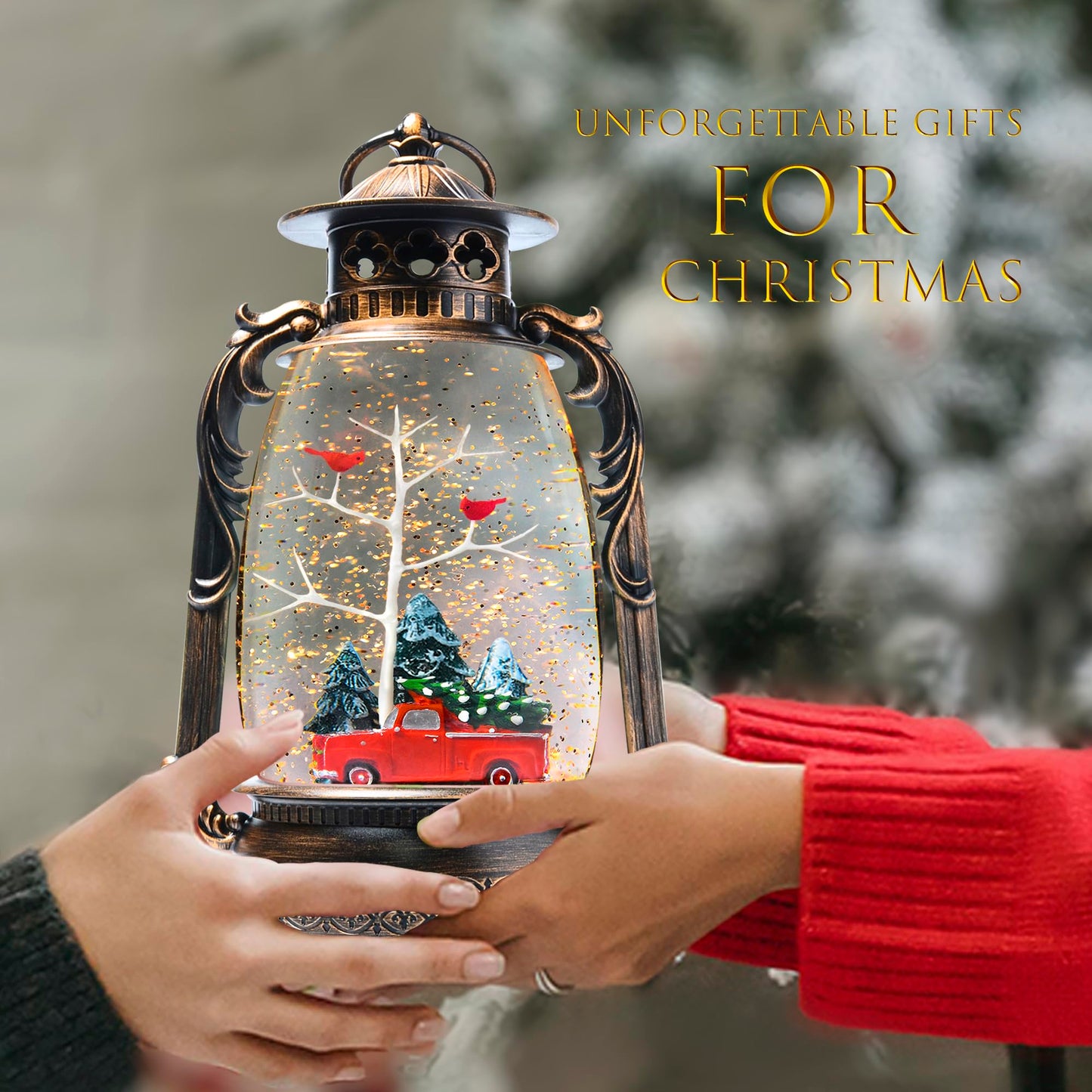 Extra Large Christmas Snow Globes Christmas Lantern, 13.8" Cardinal Musical Snow Globe 8 Songs 6H Timer Music Box Dual Power Snowglobes for Kids Adults Red Truck Lighted Christmas Decor Indoor Gifts