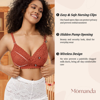 MOMANDA Women's Pumping Bra Hands Free Cute Lace Support Nursing Bras for Maternity Breast Pumpkin 38D