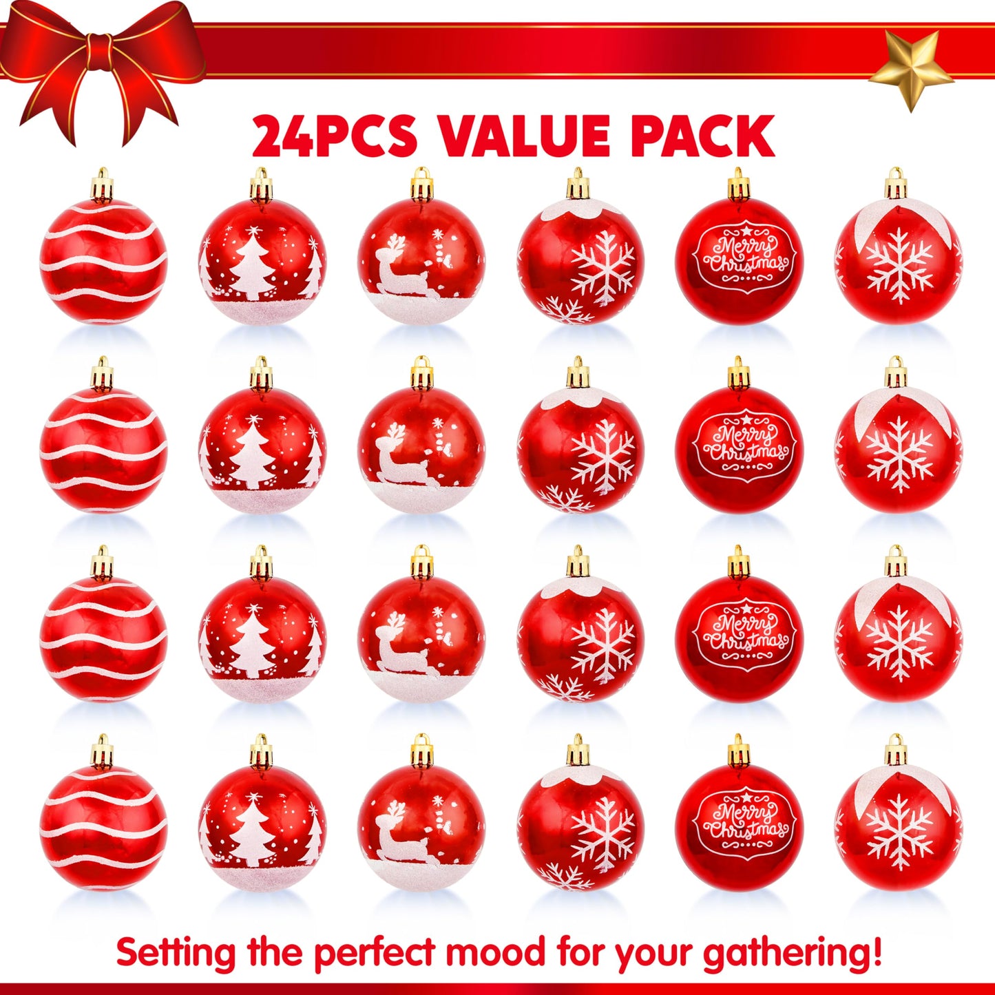 Joiedomi 24 Pcs 2.3” Red & White Christmas Ball Ornaments, Shatterproof Plastic Christmas Tree Ornaments, Hanging Decor for Wreath Garland Party Weddings Holidays