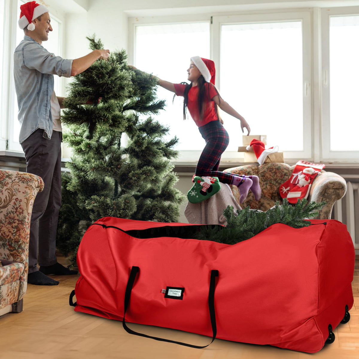 Holiday Cheer Christmas Tree Storage Bag with Wheels – Heavy Duty Christmas Tree Bag Fits Up to 9ft Tall Artificial Christmas Tree, Waterproof, Durable Handles & Zipper – Xmas Tree Storage Bag (Red)