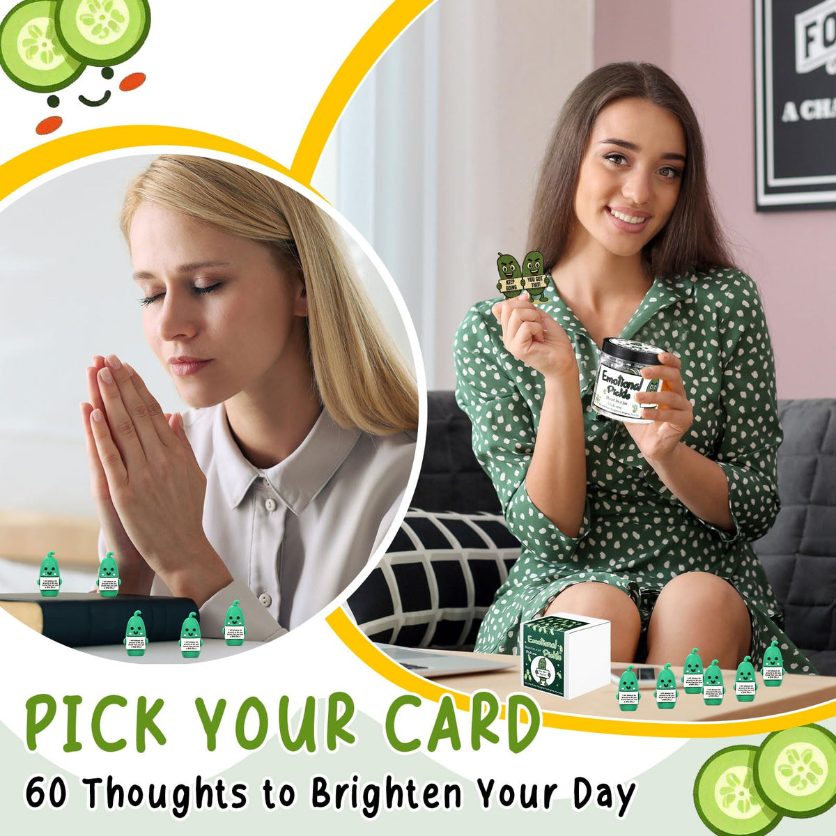 Gejoy 60 Pcs Positive Gifts Emotional Comfort Pickle Card Jar with 5 Mini Rubber Pickle Figurines Christmas Affirmation Birthday Encouraging Motivational Gift for Coworkers Colleague Staff Women Men