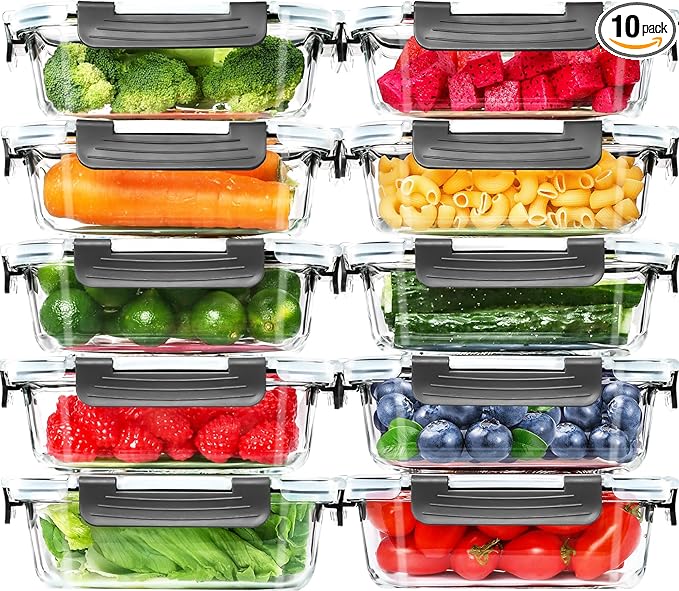 Skroam 10 Pack Glass Meal Prep Containers, 22 OZ Glass Airtight Food Storage