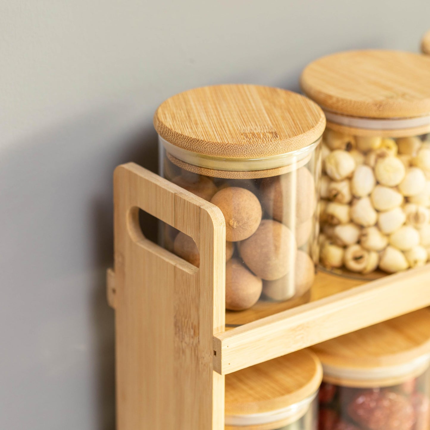 Basicwise Versatile 2-Tier Bamboo Spice Rack and Pantry Organizer with 8 Glass Jars – Perfect for Countertop Storage in Kitchens to Keep Seasoning Containers Neatly Displayed and Easily Accessible