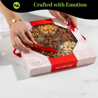 NUT CRAVINGS - Mothers Day Treats, Mixed Nuts Gift Basket in Red Gold Box (7 Assortments, 1 LB) Treats for Adults, Food Arrangement, Healthy Snack Care Package, Kosher