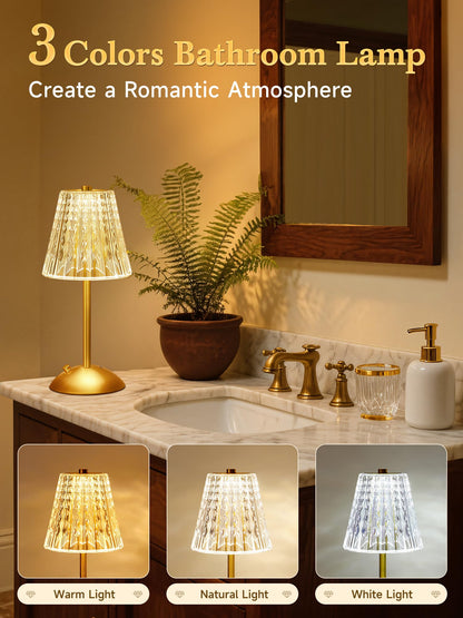 Upgraded Nightstand Lamps Set of 2, 3 Colors Dimmable Crystal Table Lamp Gold Lamp, Touch Lamp Bedroom Lamps, Rechargeable Small Lamp, Bedside Lamps Set of 2 for Bedroom Living Room Bathroom Hotel Bar