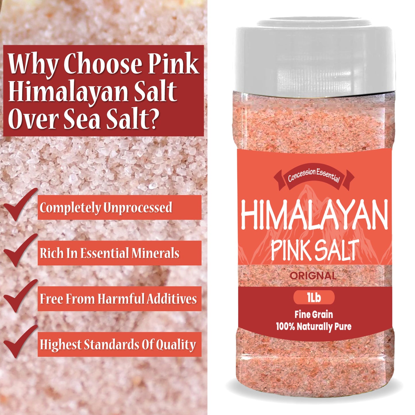 Concession Essentials- Himalayan Fine Grain Pink Salt (1lb) Includes a 3" Wooden Scoop