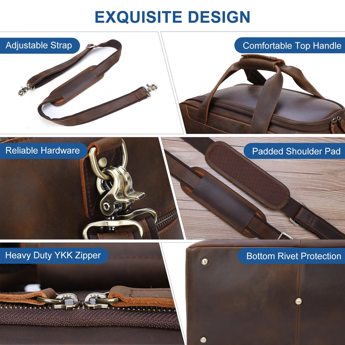 TIDING Full Grain Leather Duffle Bag for Men - 20 Inch TSA Approved Carry On Weekender Overnight Travel Duffel Bags