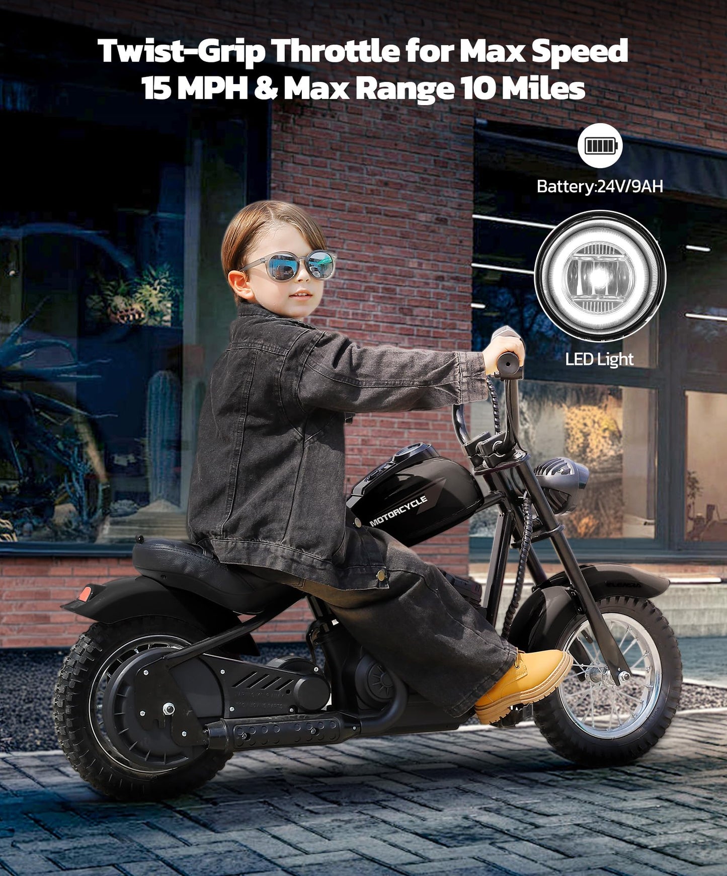 ELEMARA Electric Dirt Bike, 15 mph & 150lb Max, 24V Ride on Toy for Big Kids w/LED Lights & Power Display,Chain-Driven Motor,Twist-Grip Throttle, Shock Springs,Handbrake,12" Air-Filled Tires-Black