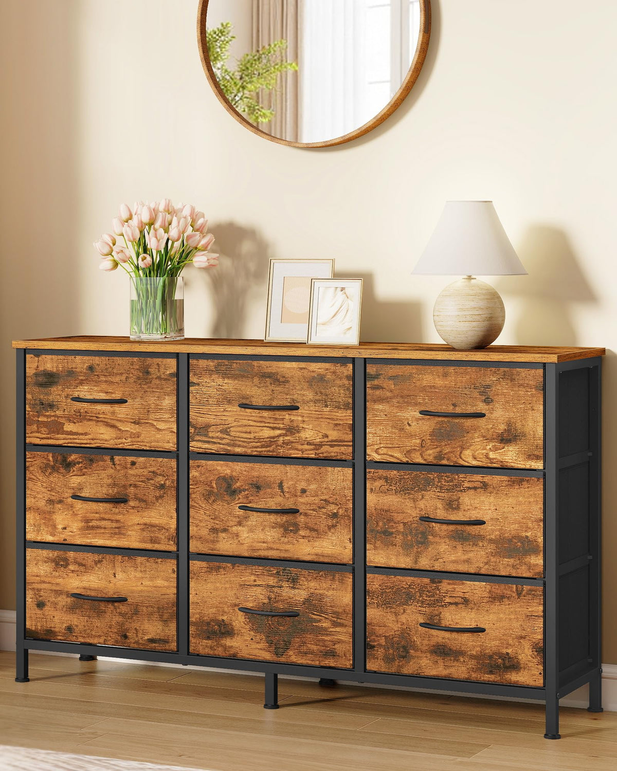 SONGMICS BELLAH Collection - Dresser for Bedroom, TV Stand for TVs Up to 55 Inches, Chest of Drawers for Living Room, Closet, Steel, 9 Drawers, Industrial, Rustic Brown and Ink Black ULGS033KD02S