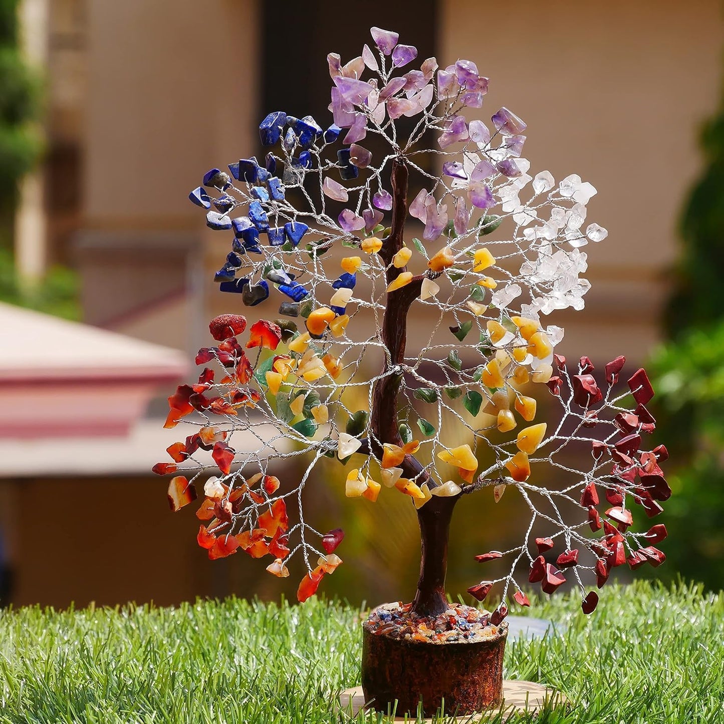 ABHISUBYA Seven Chakra Gemstone Tree Feng Shui Figurine Money Bonsai Good Luck Reiki Healing Crystals Balancing Decoration Ornament Sculpture Wealth Prosperity Table Room Decor Gift Size 10-12"