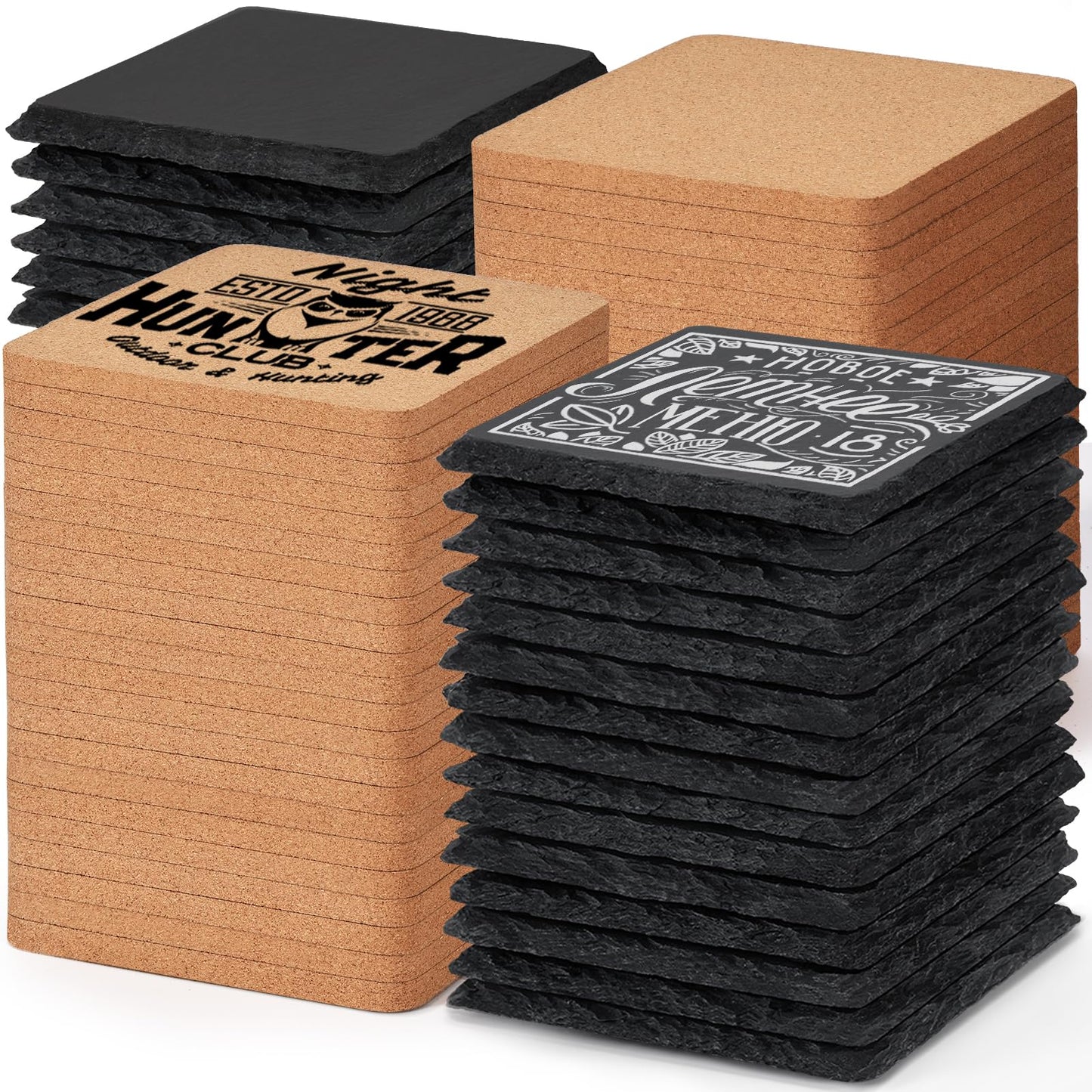 100 PCS Coaster Bulk for Laser Engraving, MAPRIAL 4 Inch 50 PCS Blanks Black Handmade Slate Stone Coasters, 50 PCS Cork Coasters, Engravable Materials for Engraver, Gifts, Crafts, Square