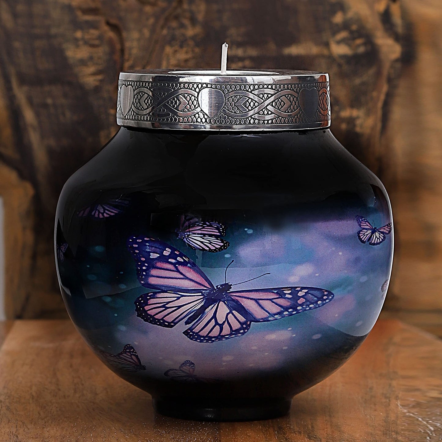 hlc Lovely Black Butterfly Cardinal Couple Bird Candle Urn - Keepsake Urn for Human Ashes with 1 Velvet Box Bag - Peaceful Engraved Memorial Affordable Keepsake Urn (6 x 5 in)
