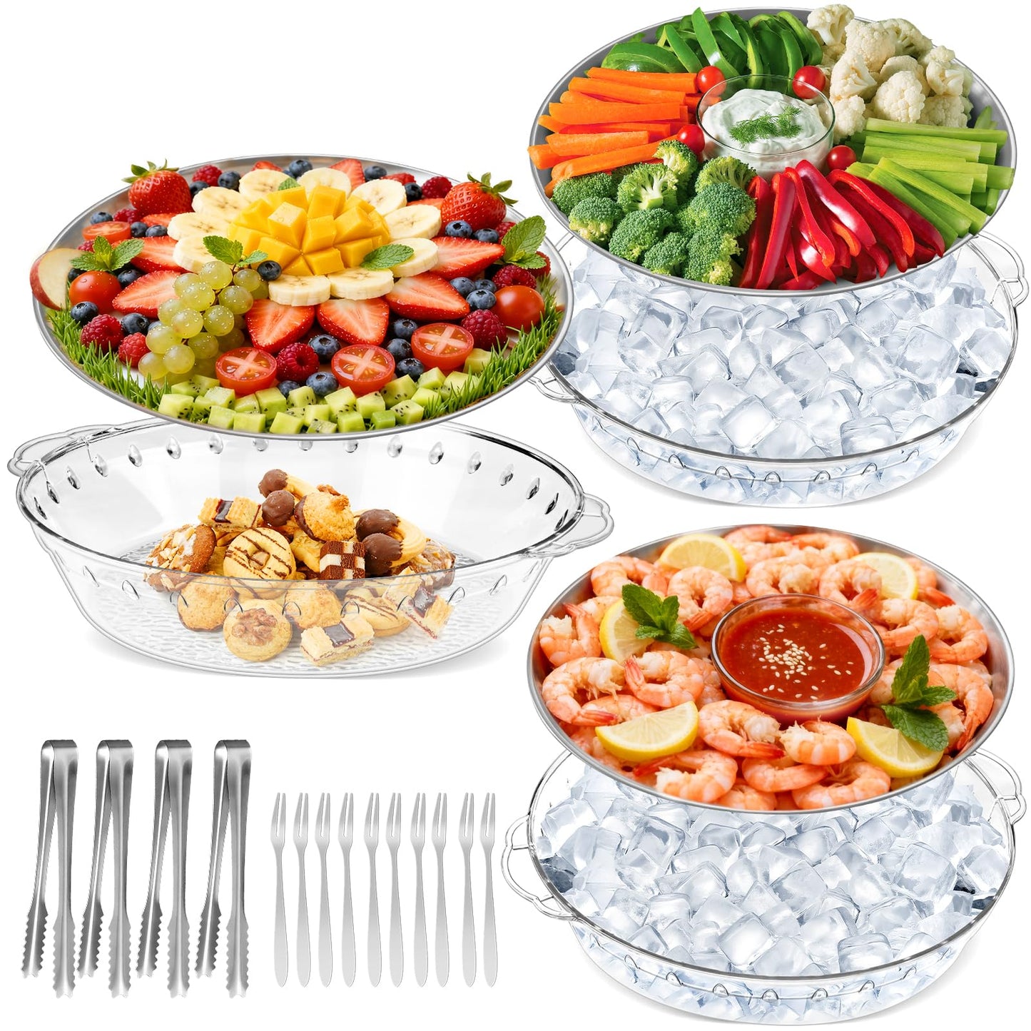 Chilled Serving Trays for Parties, 3 Set 11.8" Compartment Charcuterie Platters for Serving Food Party Shrimp Cocktail Servings Dish Keeps Food Cold for Vegetable Fruit, Cheese, Seafood & Dip