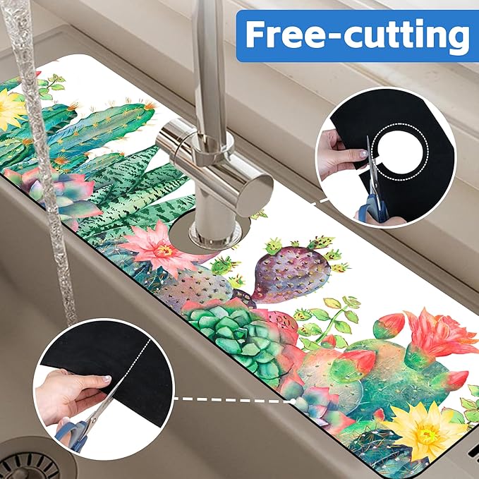 Watercolor Cactus Floral Sink Faucet Absorbing Mat Sink Splash Guard Faucet Mat