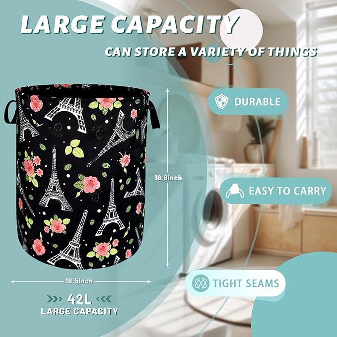 Retro Eiffel Tower Laundry Hamper Rose Flower Colorful Laundry Basket