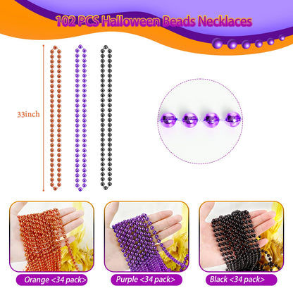 SHAOQINLIN 102PCS Halloween Bead Necklace, Purple Black Orange Bead Necklaces, 33" Metallic Beaded Party Necklaces for Halloween Parade Throws Halloween Trick or Treat Decorations