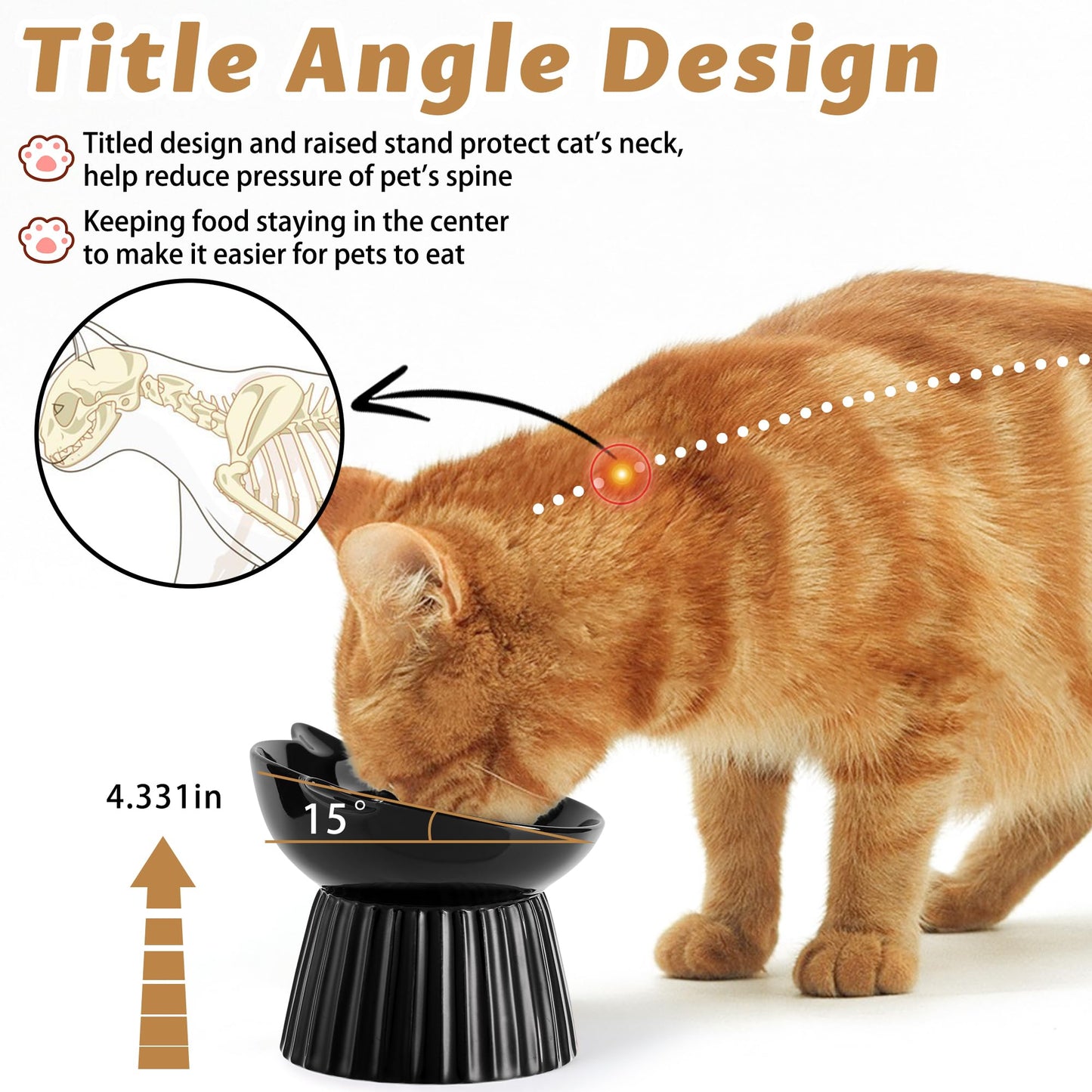 Wellbro Ceramic Raised Cat Bowl，Tilted Raised Bowl Anti Vomit for Indoor Cats Whisker Friendly Pet Feeder for Cats Puppies, Microwave and Dishwasher Safe (Black)
