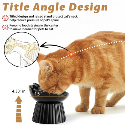 Wellbro Ceramic Raised Cat Bowl，Tilted Raised Bowl Anti Vomit for Indoor Cats Whisker Friendly Pet Feeder for Cats Puppies, Microwave and Dishwasher Safe (Black)