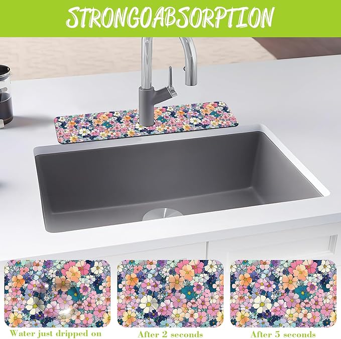 Sink Faucet Absorbing Mat Cute Flowers Sink Splash Guard Drying Mat