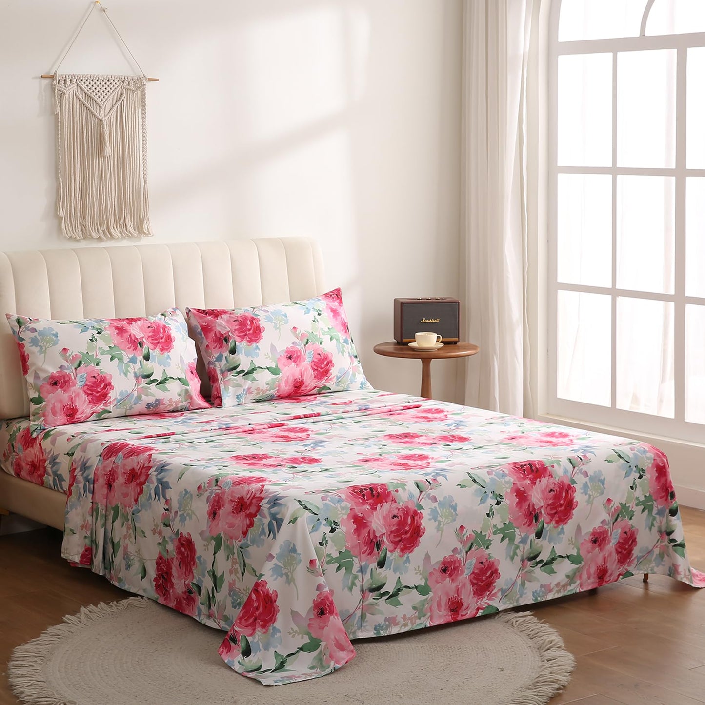 JSD Watercolor Rose Floral Sheet Set Queen Size, 4 Piece Soft Printed Microfiber Sheets Extra Deep Pocket