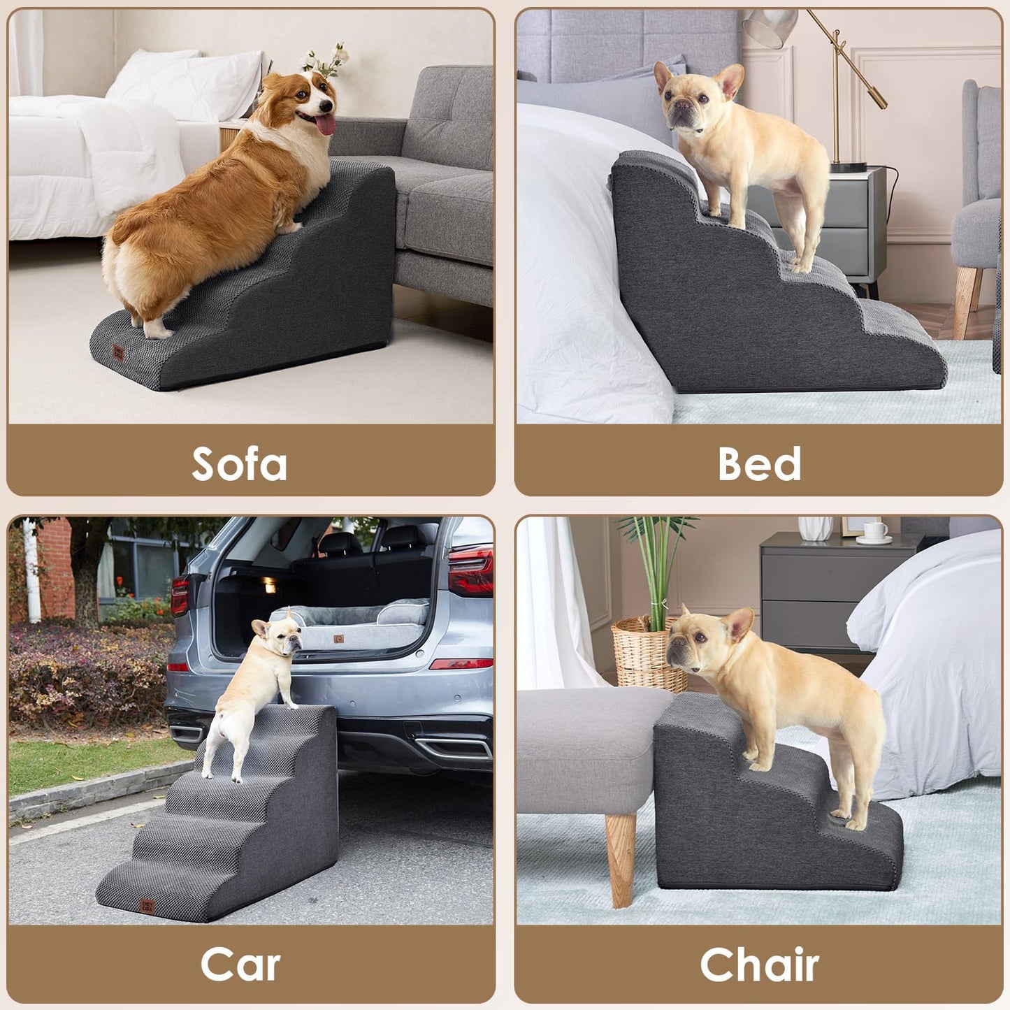 EHEYCIGA Curved Dog Steps for Bed, 3-Step Dog Stairs for Sofa, High Density Foam Pet Steps for Small Dogs and Cats, Pet Stairs for Couch, Non-Slip Dog Ramp with Washable Cover, 40x57x40cm, Dark Gray