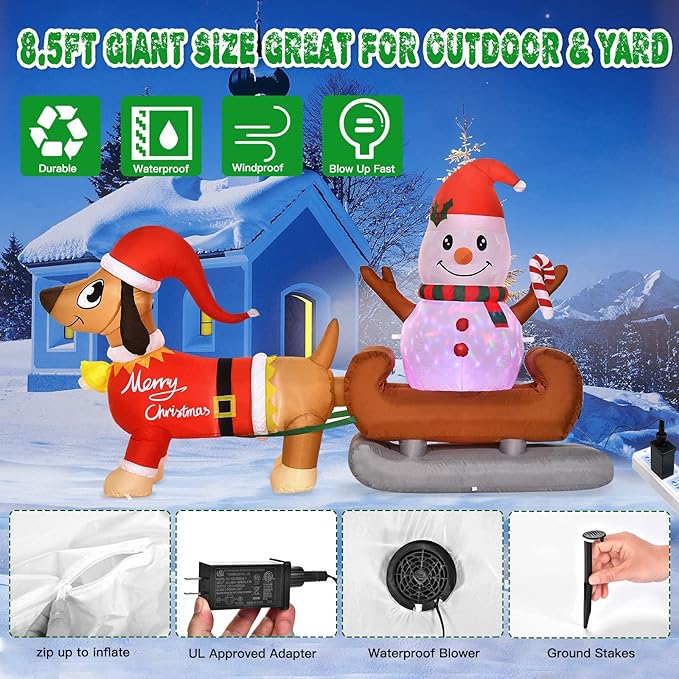 8 Ft Outdoor Inflatable Snowman Christmas Decoration with Rotating LED Lights, Dog Inflatable Xmas Yard Decor