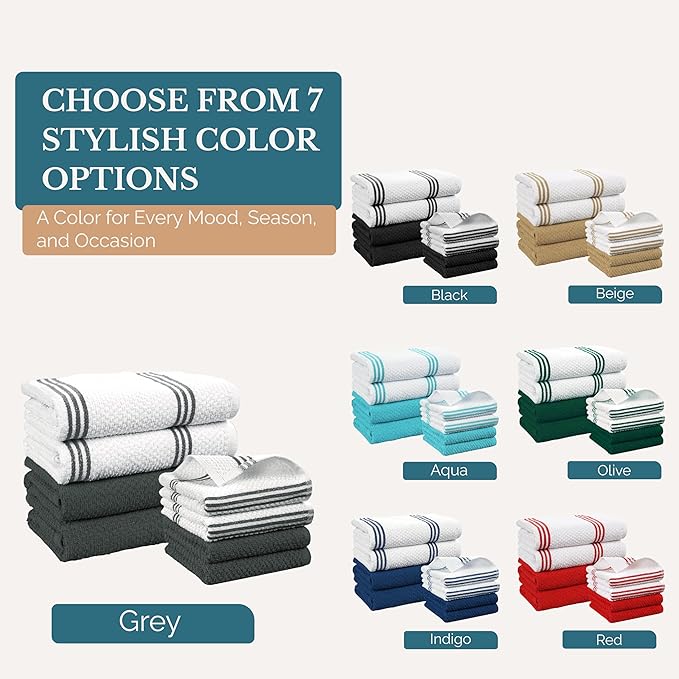 Casa Platino 8PC Cotton Kitchen Towels, Summer Grey Kitchen Towels
