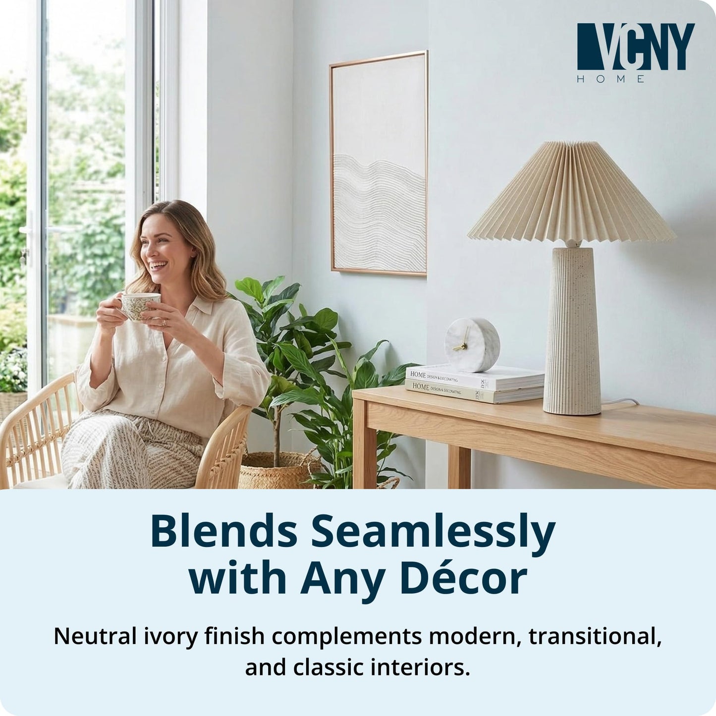 VCNY Home 18" Ivory Ceramic Table Lamp | Pleated Fabric Shade & Cylinder Base | Modern Accent Lamp for Living Room, Bedroom, or Entryway | Elegant Neutral Design | Requires 1 x 60W Max Light Bulb