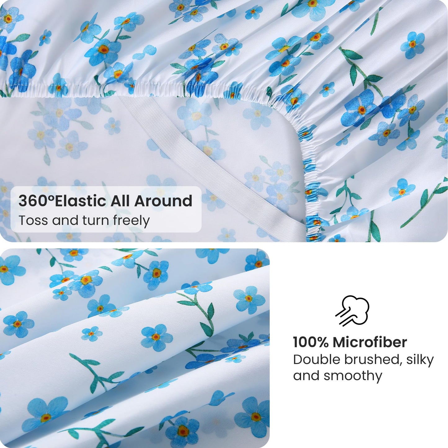 Viviland Floral Twin Sheet Set - 3 Piece Country Fresh Blue Flower Patterned Bed Sheets - Soft, Breathable Microfiber Sheets with Deep Pocket, Non-Slip Fitted Sheets & Pillowcases