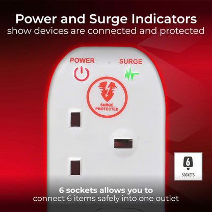 Masterplug Six Socket Extension Lead, Surge Protection, Individual Switches, Power and Surge LED Indicators, 2 Metre Cable, 6-Way Plug Extension Cable, Power Strip, White, 13A, 6G, 2m, SWSRG6210N
