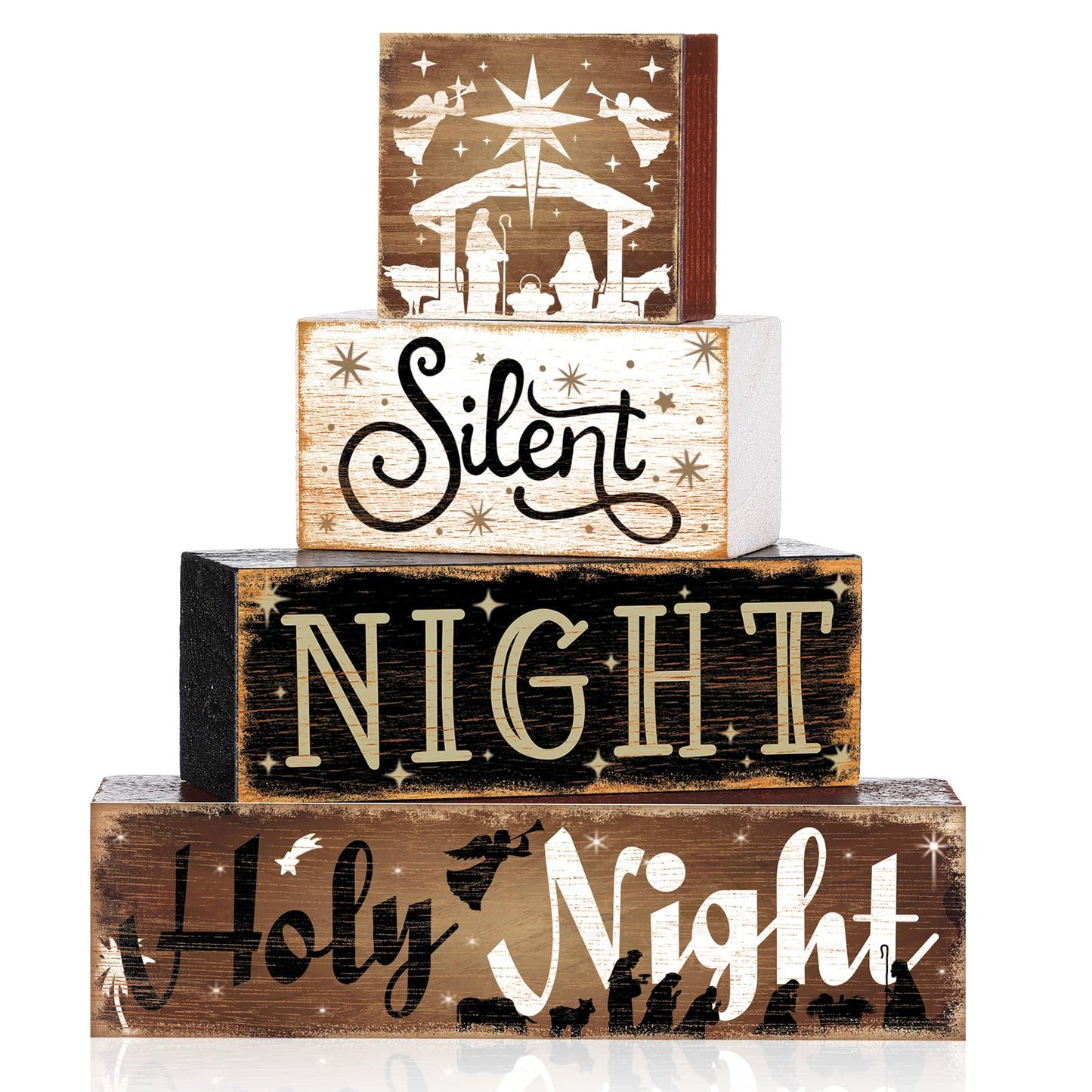 Moucuny 4 Pcs Wooden Christmas Nativity Table Sign Wooden Holy Night Decorative Signage Xmas Tiered Tray Decor Winter Centerpieces Farmhouse Block Set Xmas Table Sign for Home