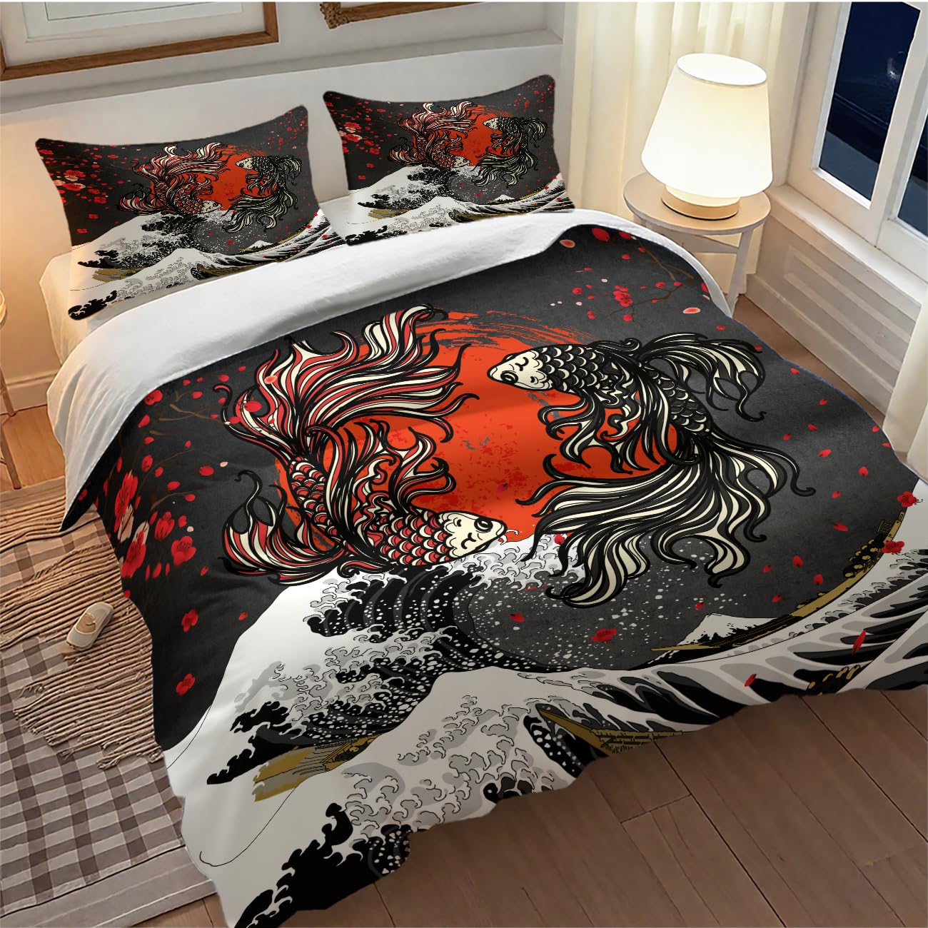 Lnepty Koi Fish Bedding Set,Japanese Gold Great Wave Cherry Blossom Asian Ink Painting Oriental Koi Theme Comforter Set with Pillowcase for Bedroom Bed Decor,Twin 86"x70"