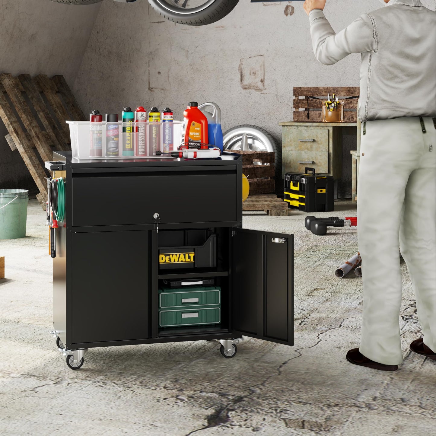 Aobabo Rolling Metal Garage Cabinet, Lockable Storage Cabinet with 1 Drawer, Pegboards, Hooks & Wheels, Heavy Duty Steel Utility Cabinet for Garage, Workshop, Home Office, Black, Assembly Required