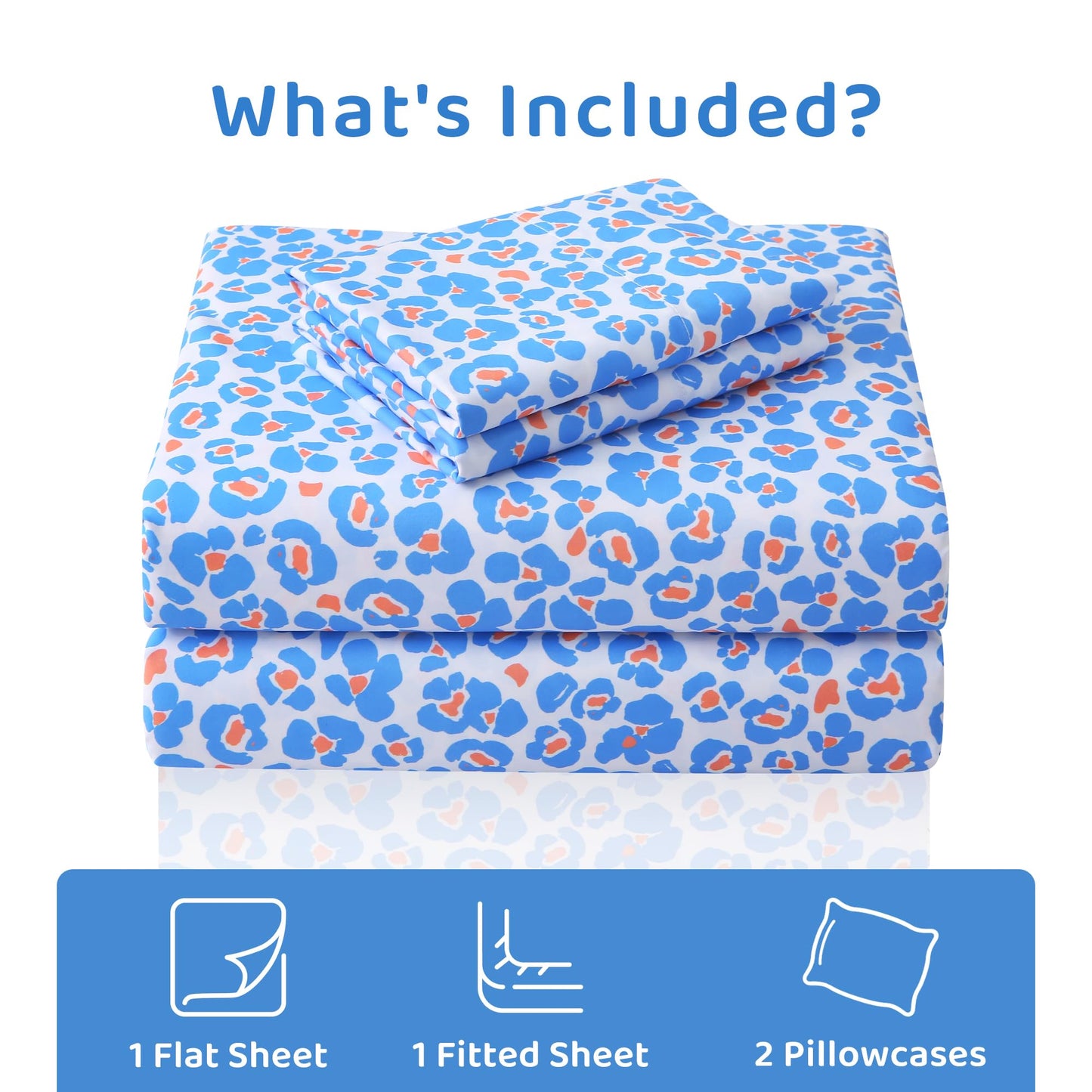 Mooreeke Leopard Cheetah Printed Queen Bed Sheets, Soft Microfiber Bedding Sheets & Pillowcases, Deep Pocket Non-Slip Fitted Queen Sheet, Blue Animal Pattern Bedsheets