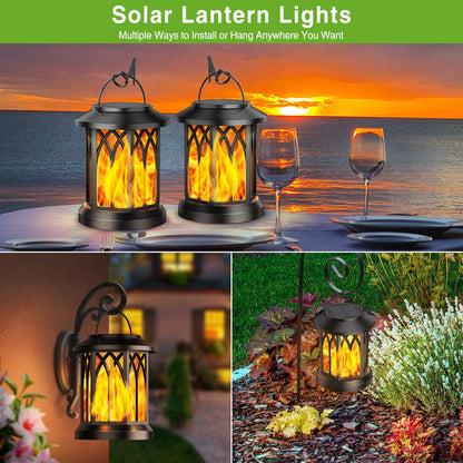 KOOPER Solar Lights Outdoor Garden, 2 Pack Hanging Solar Lanterns with Realistic Flickering Flame LED, Waterproof Flame Effect Garden Ornaments for Pathway Patio Decoration