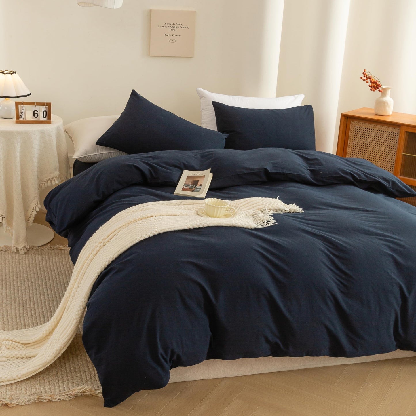 ECOCOTT Navy Blue Duvet Cover Queen Size, 100% Washed Cotton 3 Piece Bedding Set 1 Duvet Cover with Zipper and 2 Pillowcases, Ultra Soft and Easy Care Breathable Duvet Cover(Navy Blue, Queen)