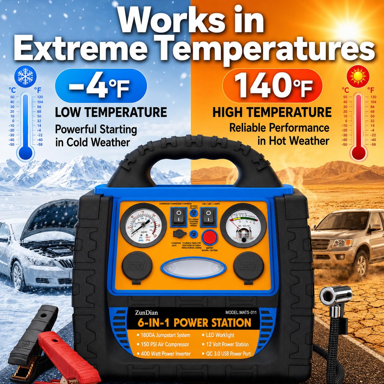 Car Jump Starter with Air Compressor, 2200A Battery Booster Pack for Up to 8.0L Gas & 6.0L Diesel, 150PSI Tire Inflator, 400W Portable Power Station with AC Outlet, 6-in-1 Jump Box for Cars, Trucks