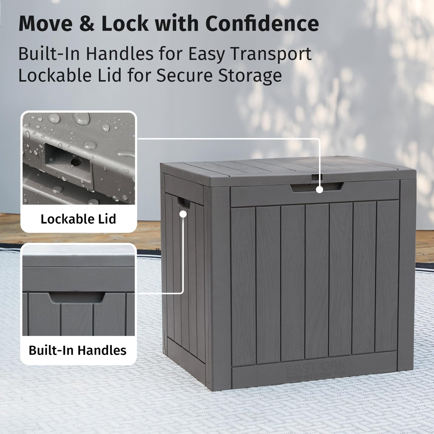 EAST OAK Outdoor Storage Box, 31 Gallon Deck Box Indoor and Outdoor Use, Waterproof Resin Storage Bin for Package Delivery, Patio Cushions, Gardening Tools, Lockable, UV Resistant, Grey