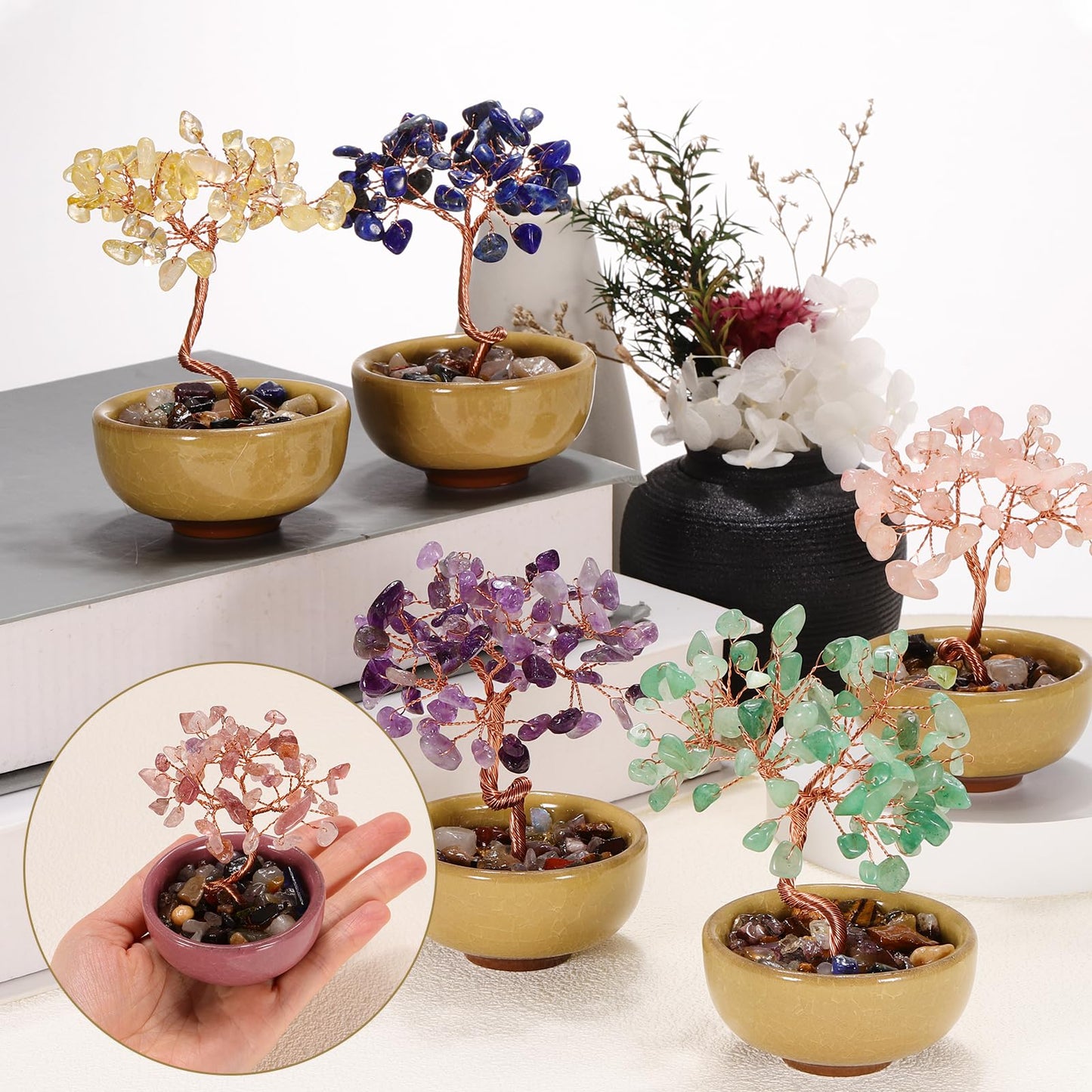 MECCANIXITY 7 Chakra Crystal Tree of Life, Natural Amethyst & Citrine Gemstone Tree Handmade Feng Shui Bonsai with Agate Base for Positive Energy, Good Luck, Home Decor (4 x 2.4 Inch)