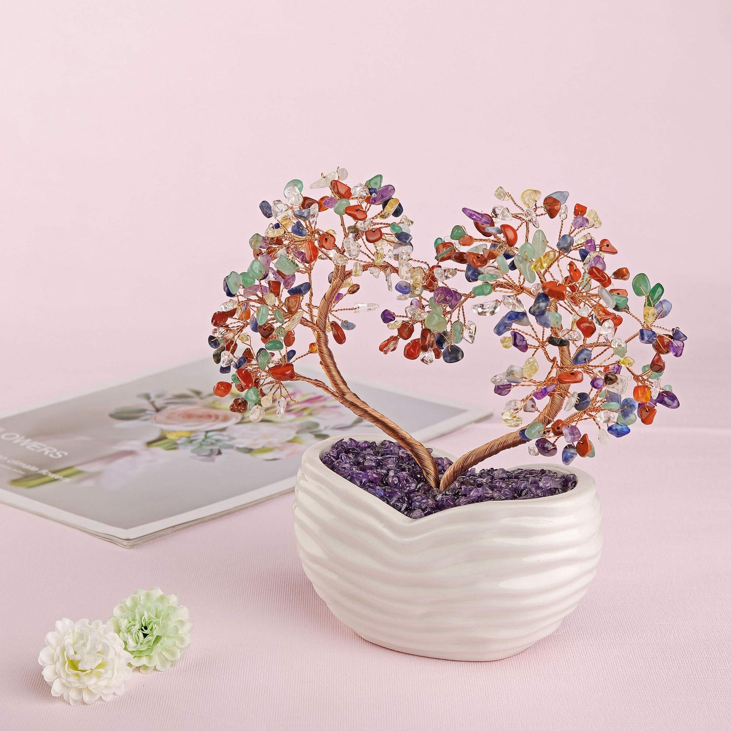 GEHECRST 7 Chakra Healing Crystal Tree Heart Shape Crystal Gemstone Bonsai Money Tree Feng Shui Crystal Ornament for Home Office Desk Decor Good Luck Crystals Gifts for Mom Christmas Day Her Women