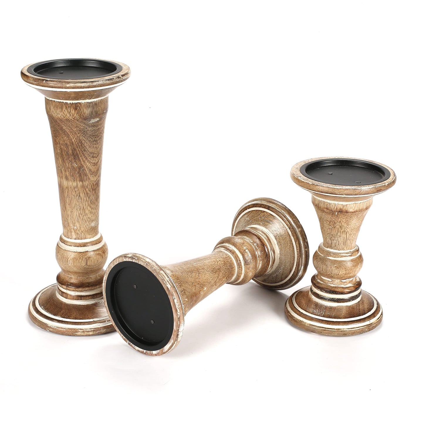 Hand Crafted Decorative Wooden Pillar Candle Holder Stand Siren Shape, Rounded Turned Colums, Country Style Ideal for Gift, Wedding, Christmas, Party, Home, Spa - 10,8,6 Inch Set of 3 - White Wash