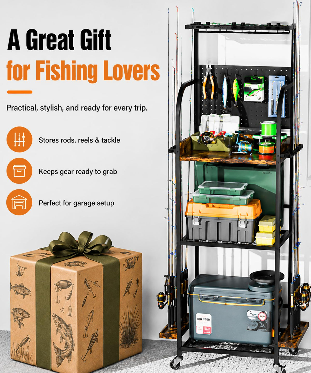 Homde Fishing Rod Holders for Garage: Large Capacity Fishing Equipment Holder up to 12 Rods - Mobile Tackle Storage Cart with Pegboard and Hooks for Tackle Box Organizers and Storage