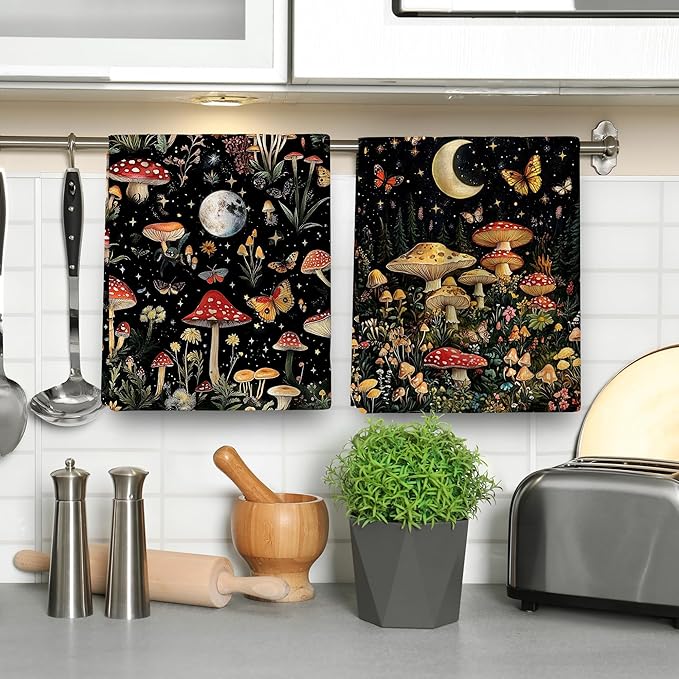 Mushroom Moth Kitchen Towels Decorative Set of 4, Witchy Dish Towels Absorbent